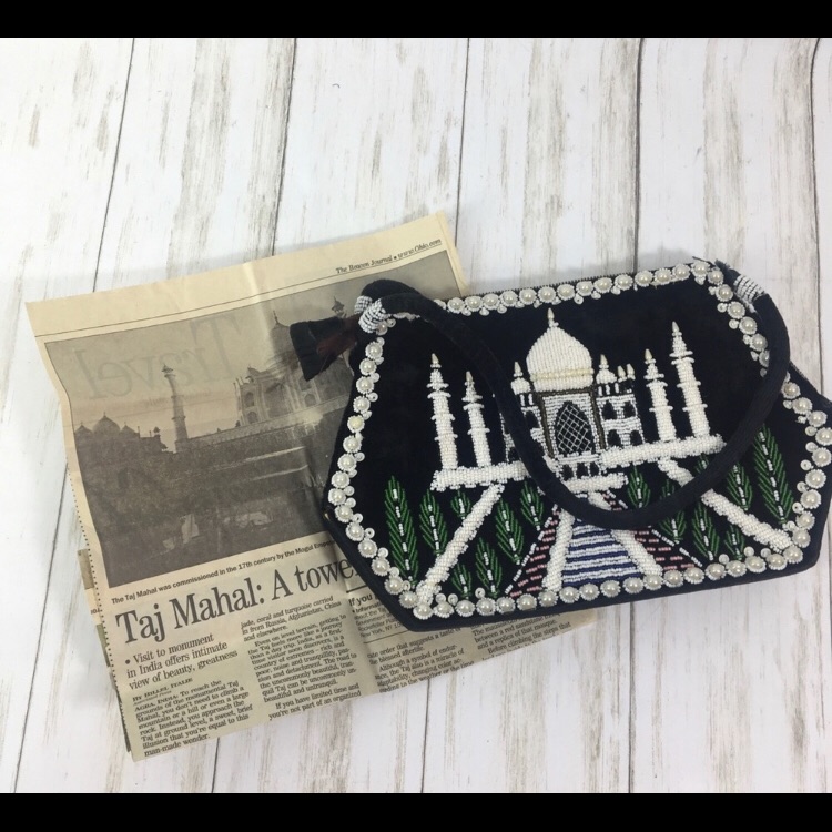 Vintage Beaded Taj Mahal Peacock Purse W/ Newspaper Clipping Of The Taj Mahal